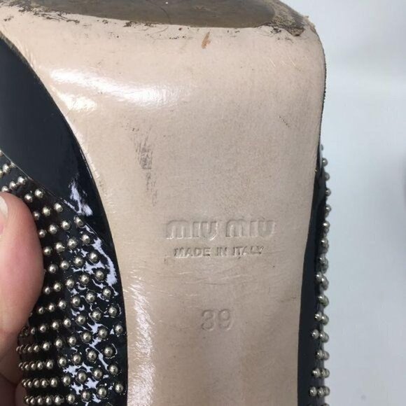 Miu Miu PRADA Shoes Heels Pumps Black Patent Studs Peep Toe Italy 39 - Picture 14 of 14